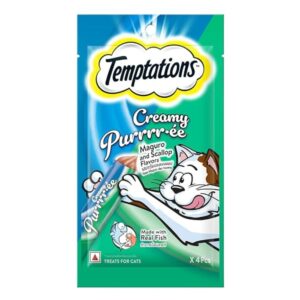 Temptations Creamy Purrrr-ee Cat Treats: Maguro and Scallop Flavors, perfect for adult cats.