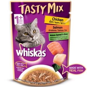 Whiskas Tasty Mix Wet Cat Food - Chicken and Salmon Wakame Seaweed in Gravy for Adult Cats
